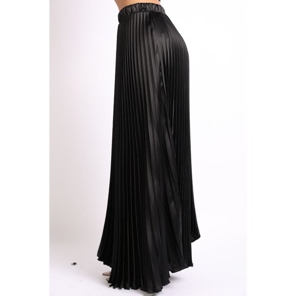 Women's Elastic High Waist A-Line Pleated Satin Maxi Skirt Formal Prom Party - Picture 5 of 10
